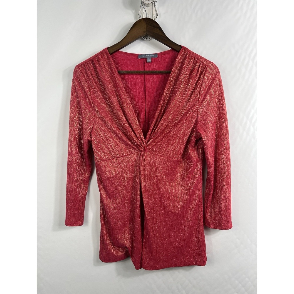 NY Collection Metallic‎ Knot Blouse Top Red V-Neck Y2K Size Large Babydoll